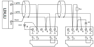 Рис.2. Схема подключения извещателей АРТОН-ИПД-3.1MТ к ППКП со знакопеременным питанием ШПС